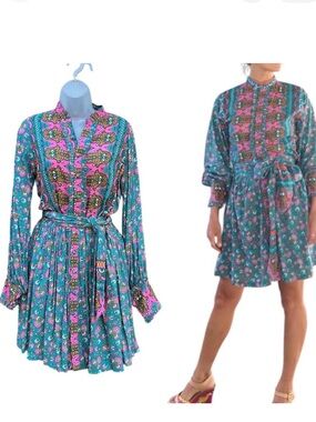FEATHER & FIND Women Sz XS‎ Hamsa Hand Teal Pink Button Front Mini Shirt Dress